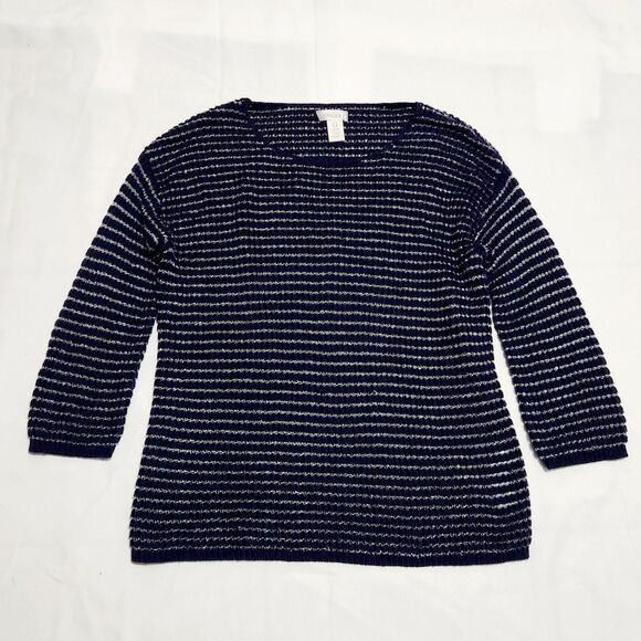 Chico's Blue Open Knit Sweater Women’s 0 / Small Metallic Scoop Neck Pullover - Picture 2 of 6